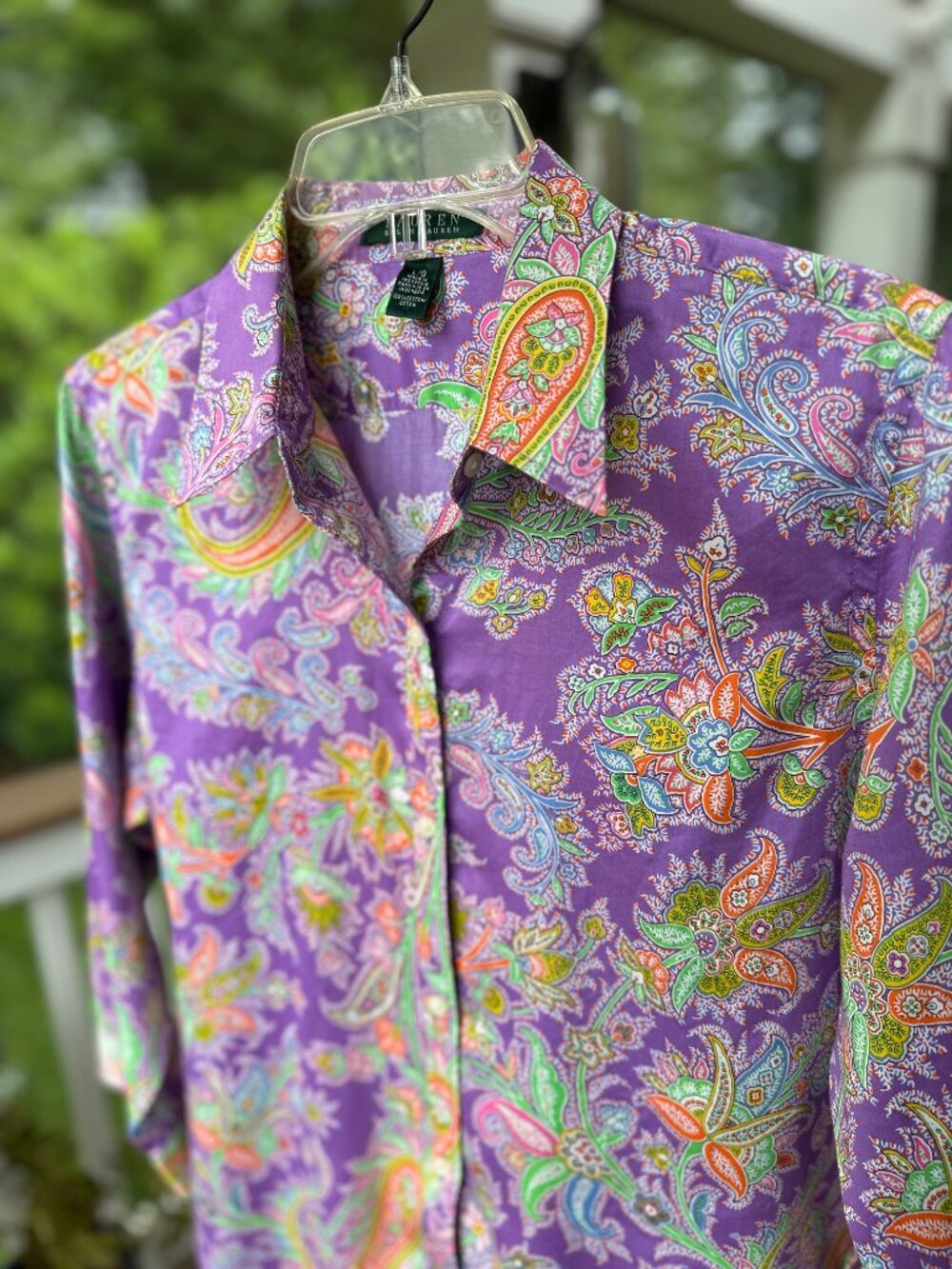 Ralph Lauren Purple Paisley Cotton Button Down Top 3/4 Sleeve Multi-Color Size L